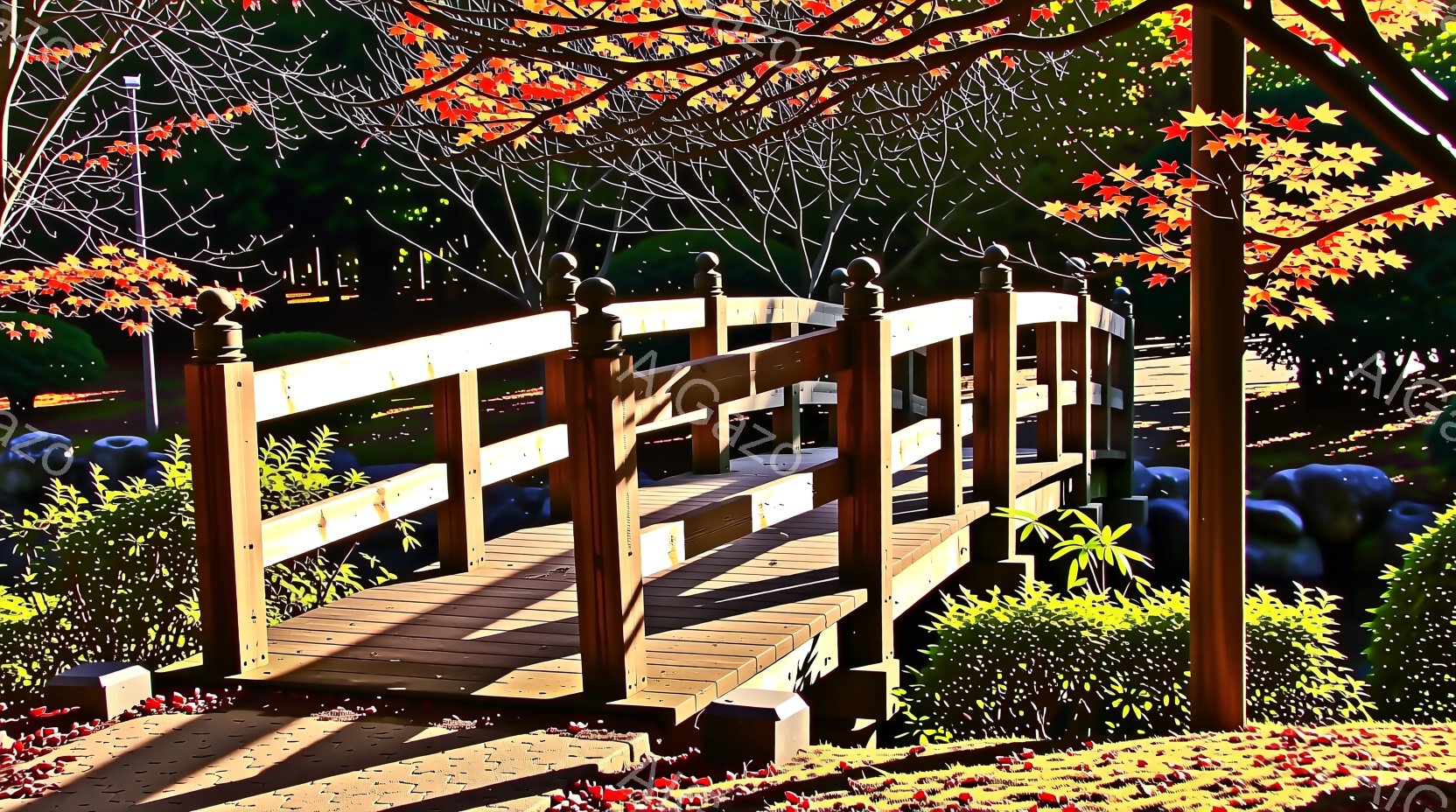 古い木製の橋が、緑豊かな植物と色鮮やかな紅葉の木々の間にかかっています。地面は落ち葉で覆われ、橋に当たる光が木製の質感を際立たせています。全体的に、静かで穏やかな秋の風景が表現されています。