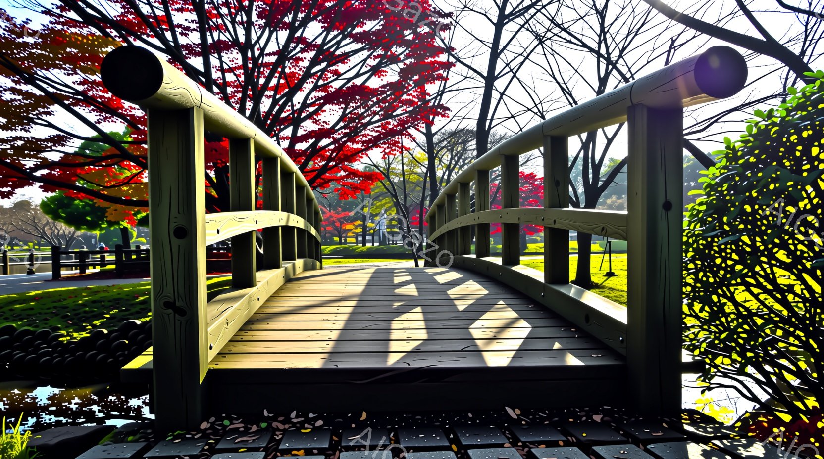 緑色の木製アーチ橋が、穏やかな水面を越えて伸びています。背景には鮮やかな赤色の紅葉と、その向こうに木々や建物が見え、秋の穏やかな日差しが降り注いでいます。水面には葉が散らばり、全体的に静かで美しい秋の風景が広がっています。