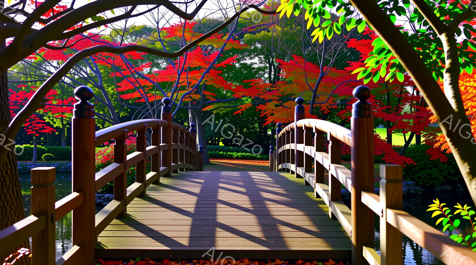 赤や黄色の紅葉に彩られた風景の中に、木製のアーチ橋が印象的に映っている。橋の木材の隙間から差し込む光が、橋の板に縞模様の影を作り出し、水面に反射している。背景には緑豊かな草地と、さらに紅葉した木々が広がり、秋の穏やかで美しい雰囲気を醸し出している。