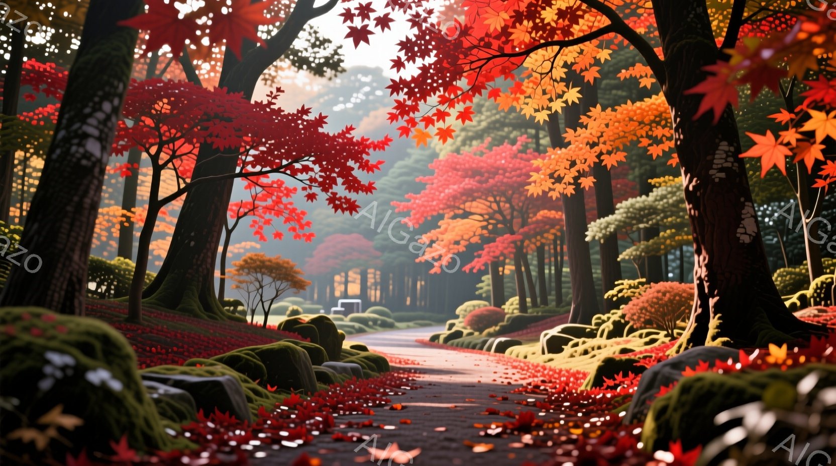 紅葉に染まった庭園の小道が見える。鮮やかな赤、オレンジ、黄色の葉が地面を覆い、道に沿って配置された苔むした石がアクセントになっている。背景には、霧のかかった木々が見え、全体的に穏やかで幻想的な雰囲気を醸し出している。