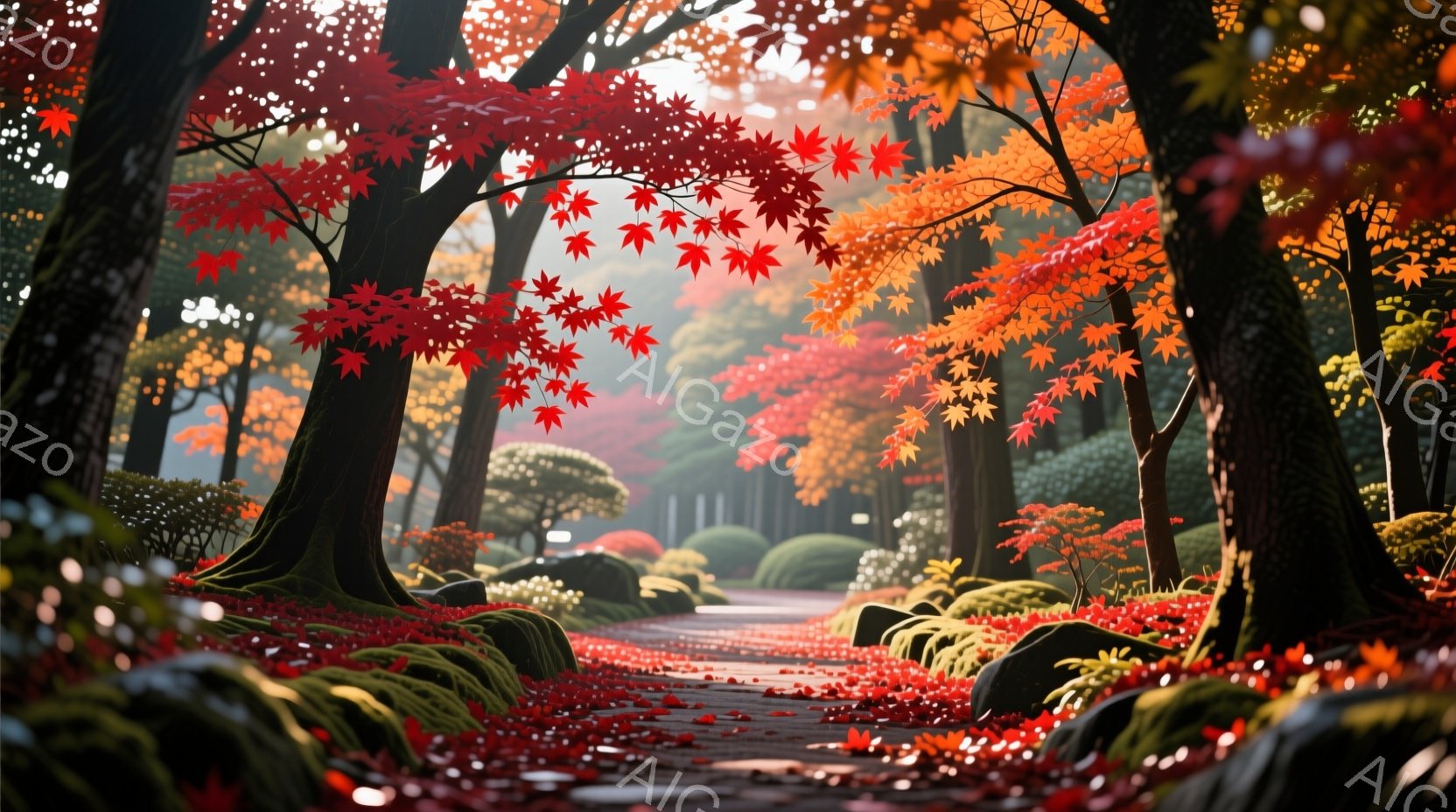 鮮やかな紅葉のトンネルが広がる庭園の小道が見える。地面や小道は、散り積もった赤い葉で覆われ、まるで絵画のような美しい風景を作り出している。背景には整えられた庭園と、ぼんやりとした建物が見え、穏やかで幻想的な雰囲気が漂っている。