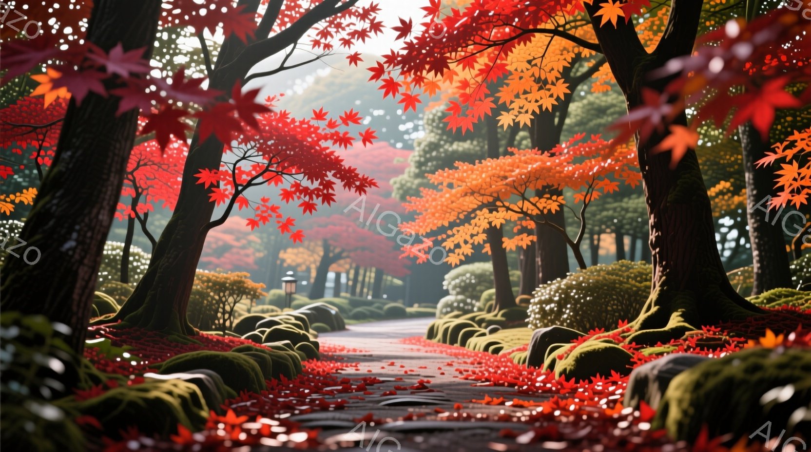 赤い紅葉のトンネルを抜ける遊歩道が描かれています。両側には緑の苔むした石と刈み込まれた低木が並び、地面には散り落ちた紅葉が広がっています。遠景にはぼんやりと建物が見え、秋の穏やかで美しい雰囲気が漂っています。