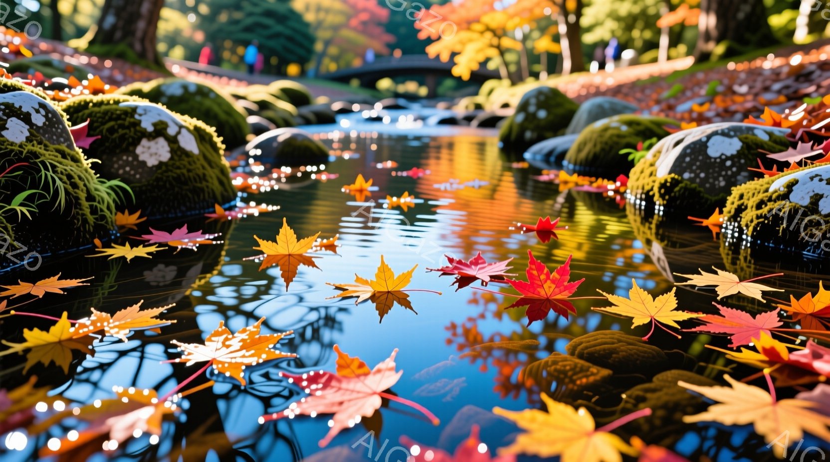 赤やオレンジ色の紅葉が水面に散らばり、水面を鮮やかに彩っています。苔むした岩や木々が背景にあり、穏やかな秋の日の自然の美しさを表現しています。水面に映る紅葉と周囲の風景が一体となり、静かで穏やかな雰囲 - AI生成フリー素材