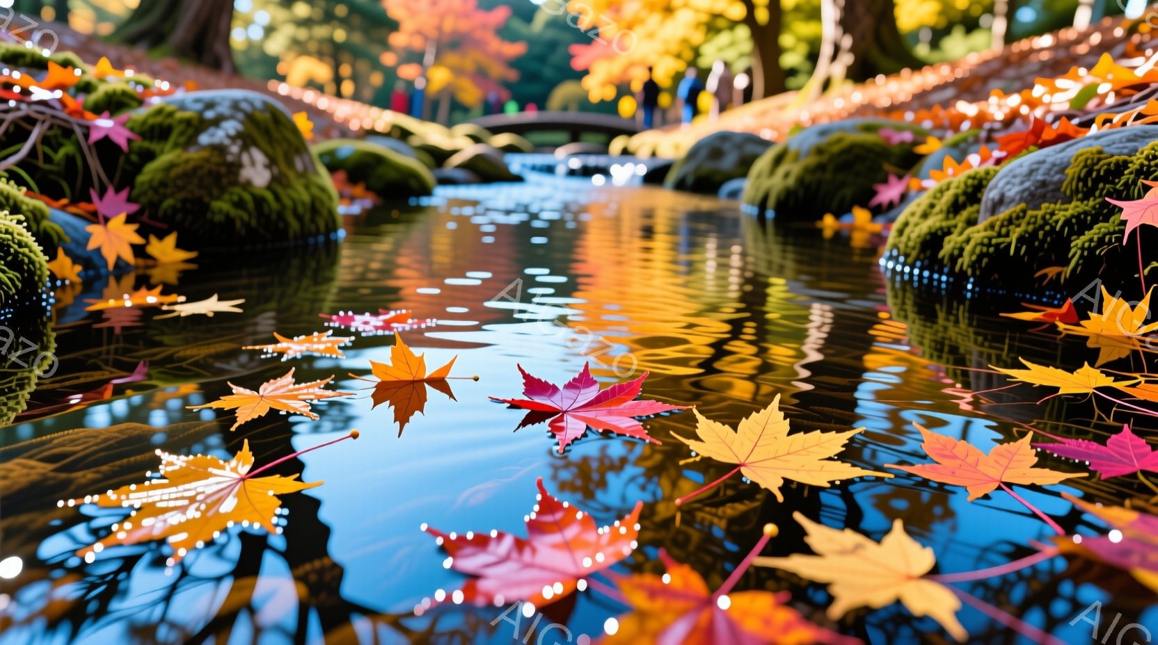 鮮やかな紅葉が水面に散りばめられ、秋の静寂と美しさを表現している。水面には落葉が反射し、オレンジ、赤、黄色の色彩が混ざり合い、幻想的な雰囲気を醸し出している。背景には緑豊かな木々と、ぼんやりと見える橋 - AI生成フリー素材