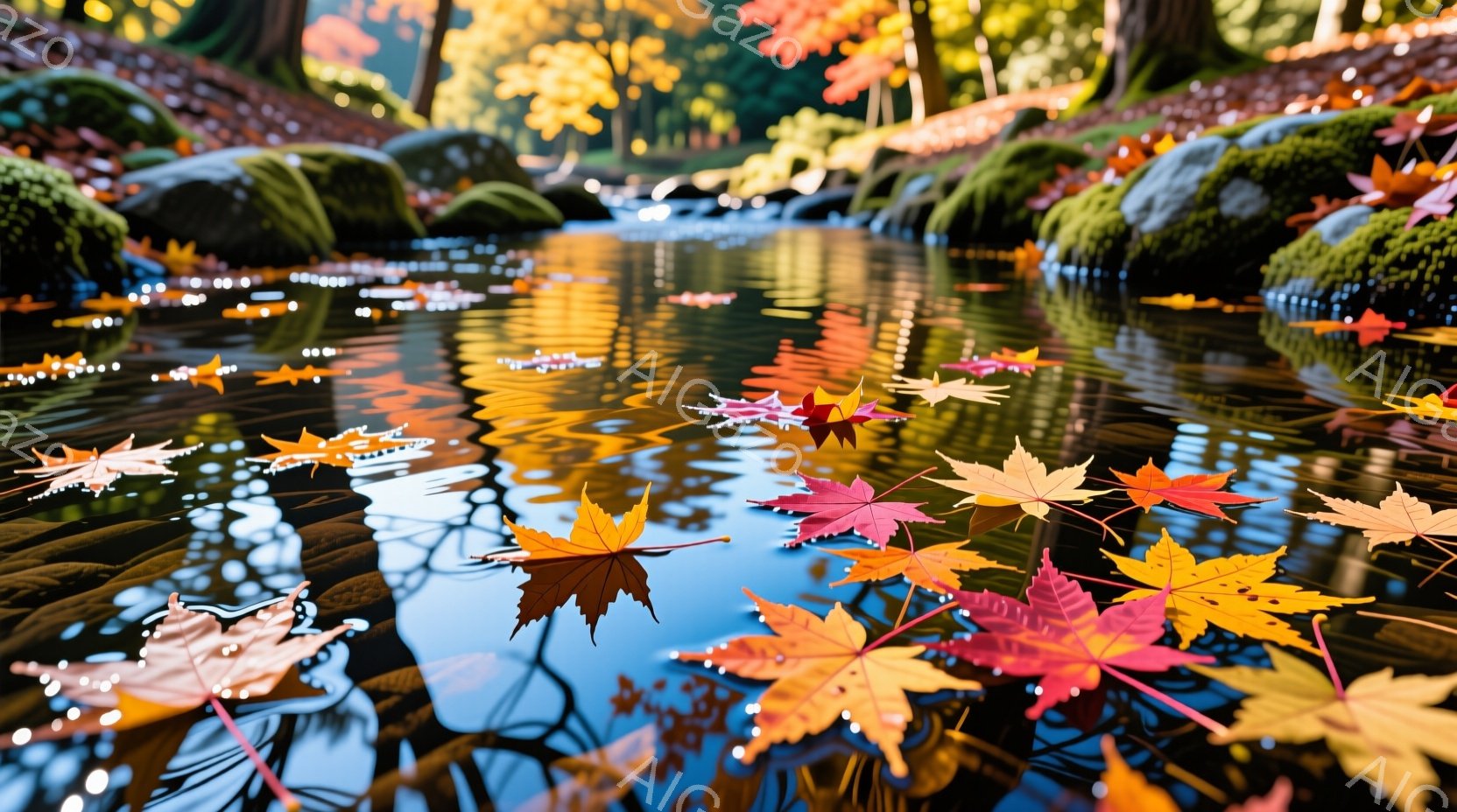 鮮やかな紅葉が水面に浮かび、穏やかな秋の風景が広がっている。水面には周囲の木々の鮮やかな色が映り込み、まるで鏡のように美しい光景を作り出している。背景には緑豊かな木々と苔むした岩があり、静寂で穏やかな雰囲気が漂っている。