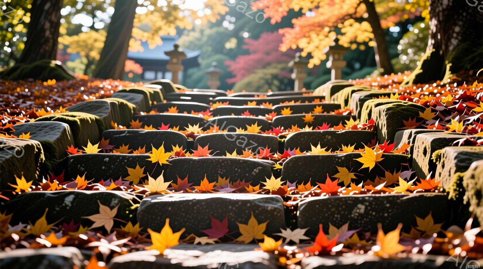 赤い紅葉が敷き詰められた石段が、まるで絨毯のように見えます。背景には、ぼんやりと寺院の建物が見え、秋の深まりを感じさせる鮮やかな色彩が印象的です。全体的に穏やかで、静寂に包まれた秋の日の雰囲気が伝わってきます。