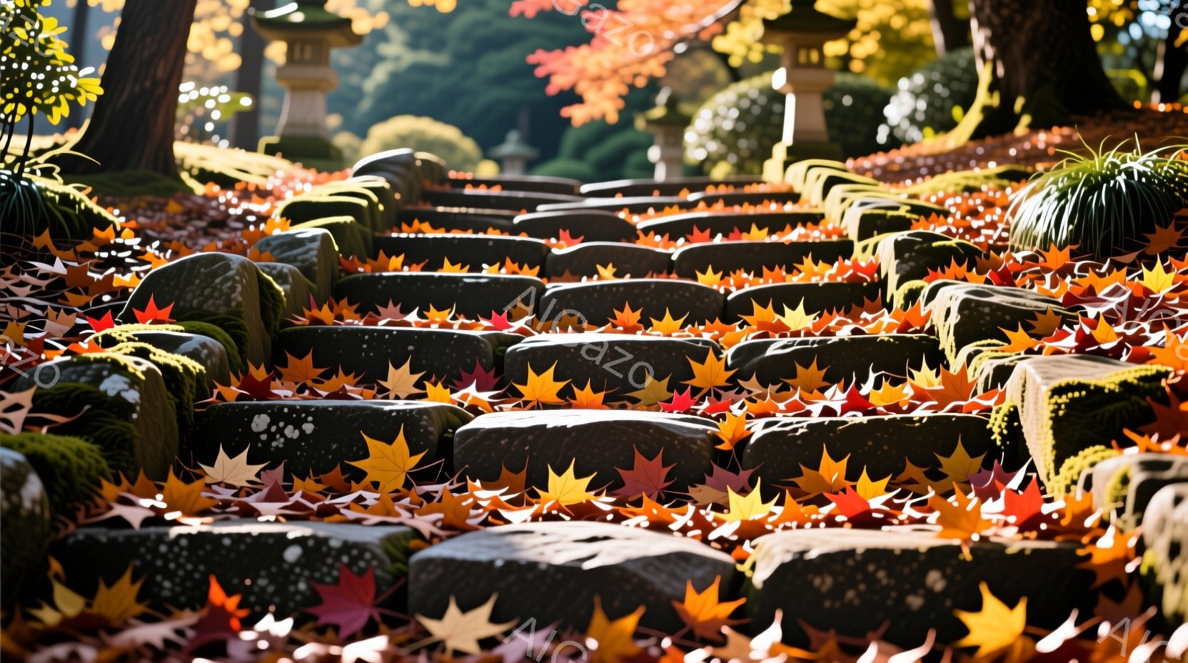 石畳の階段が紅葉の葉で覆われ、秋の深まりを感じさせる風景です。階段の石は苔むしており、長い年月を経た趣を感じさせ、背景には緑豊かな木々がそびえ立っています。光と影のコントラストが美しく、静かで穏やかな雰囲気が漂っています。
