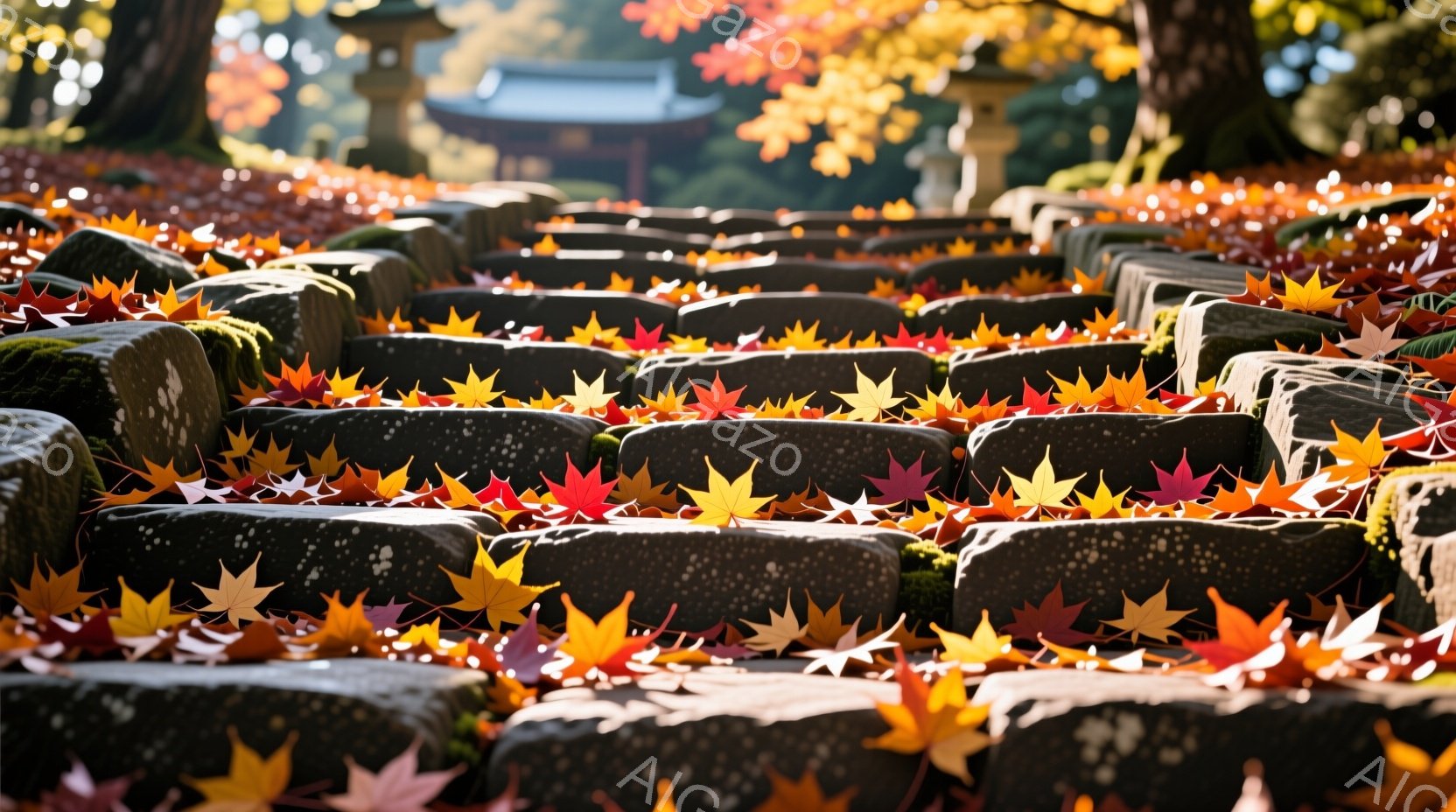 赤やオレンジ色の紅葉が、石畳の階段全体を覆い尽くしている風景だ。光の加減で階段の石に影ができ、鮮やかな紅葉とのコントラストが美しい。背景には木々が見え、秋の深まりを感じさせる静かで穏やかな雰囲気だ。 - AI生成フリー素材