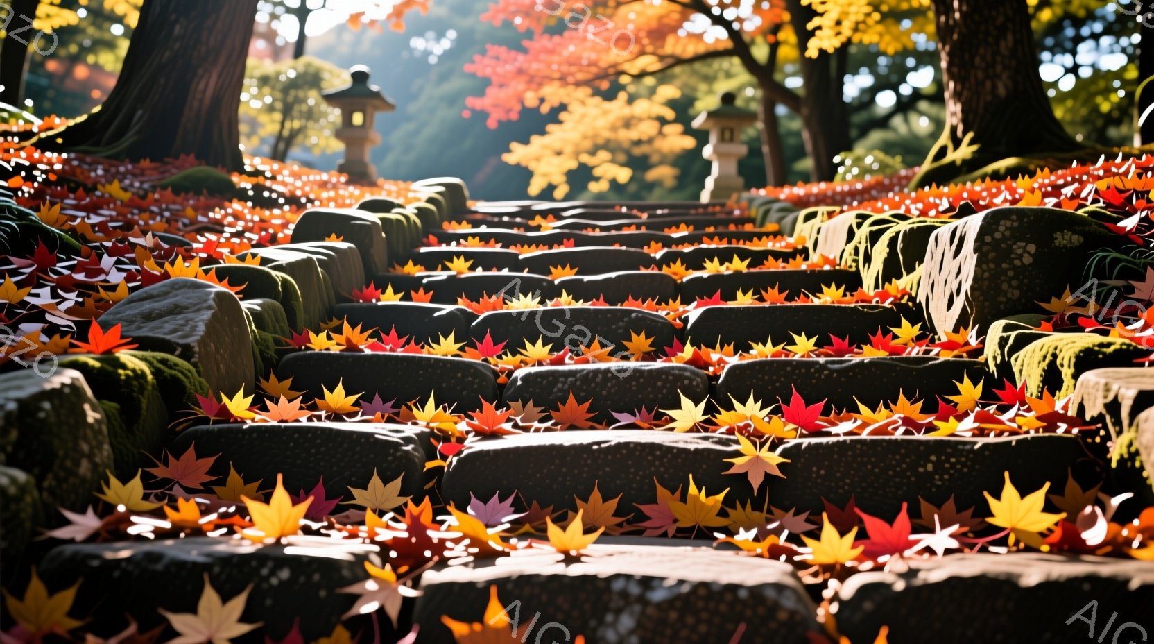 赤い紅葉が敷き詰められた石段が、苔むした石灯籠へと続いています。木漏れ日が階段と紅葉を照らし、秋の静寂と温かさを感じさせます。背景には鬱蒼とした木々が見え、自然豊かな寺院または庭園の一角を切り取ったような穏やかな情景です。