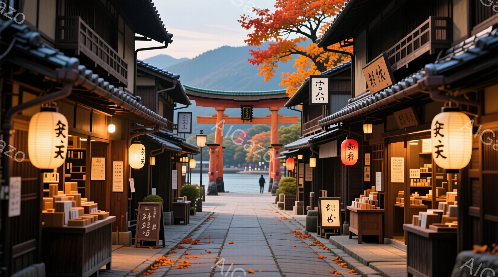 狭い石畳の道が、朱色の鳥居へと続く風景が見える。両脇には木造の店が並び、暖色の提灯が灯り、秋の紅葉が美しい。一人の人物が遠くに歩いており、静かで落ち着いた雰囲気が漂っている。