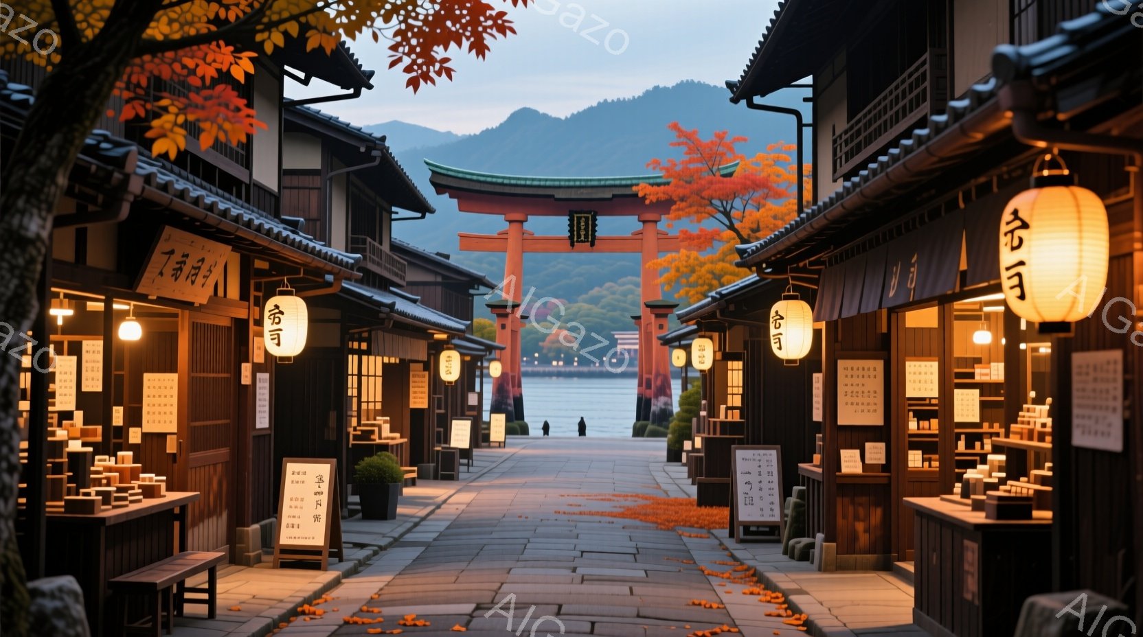 石畳の道が続く風景で、両脇には木造の古い商店が並んでいる。遠くには赤い鳥居と湖が見え、背景には緑豊かな山々が広がっている。落ち葉が道に散らばり、秋の静かで趣のある雰囲気を醸し出している。 - AI生成フリー素材