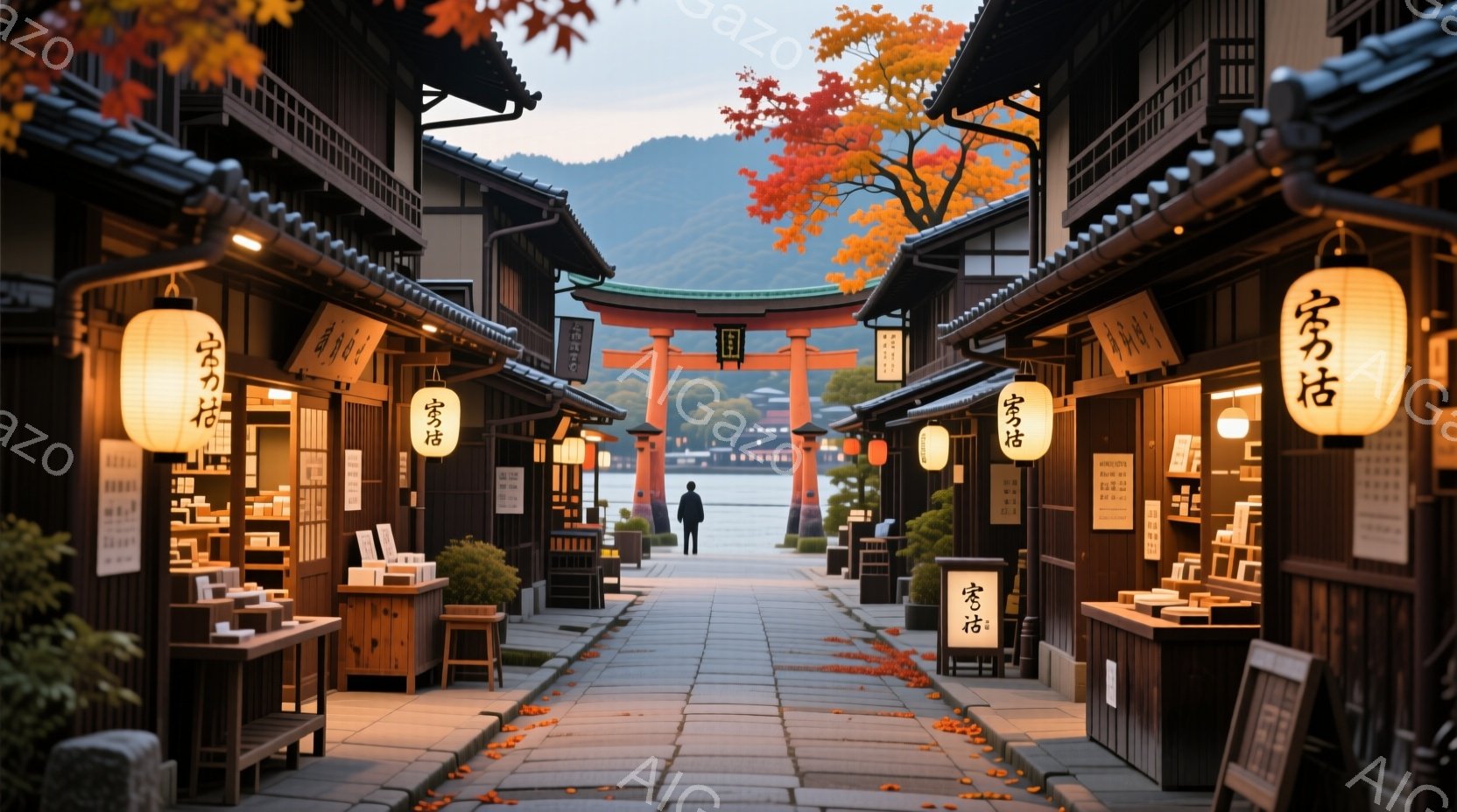 石畳の道が赤鳥居へと続く風景で、両側には伝統的な木造家屋が並び、店先にはお土産が並んでいる。道沿いには散った紅葉が点在し、遠景には緑豊かな山々が見える。一人の人物が道の中ほどを歩いており、背景の鮮やかな朱色の鳥居と相まって、古都の静かで趣のある雰囲気が漂っている。