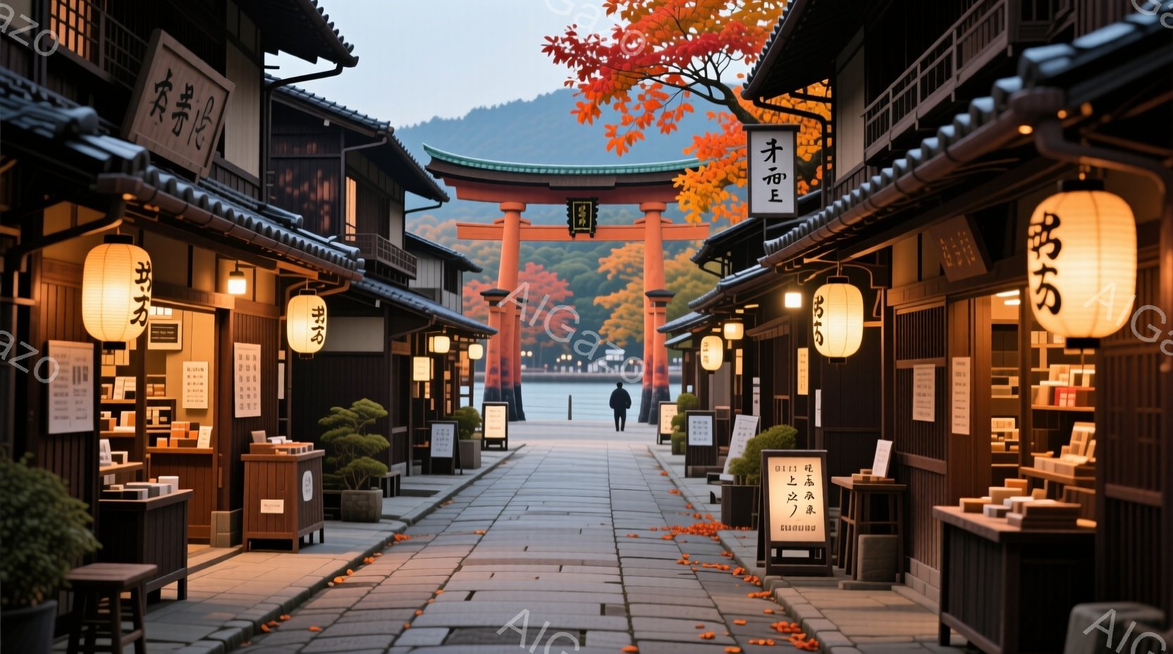 石畳の道が両側に古い木造建築が並び、遠くに朱色の鳥居が見える風景です。道には散った紅葉が舞い、歩く人が一人、背中を向けてゆっくりと進んでいます。全体的に落ち着いた雰囲気で、歴史と自然が調和した日本の伝統的な街並みが表現されています。