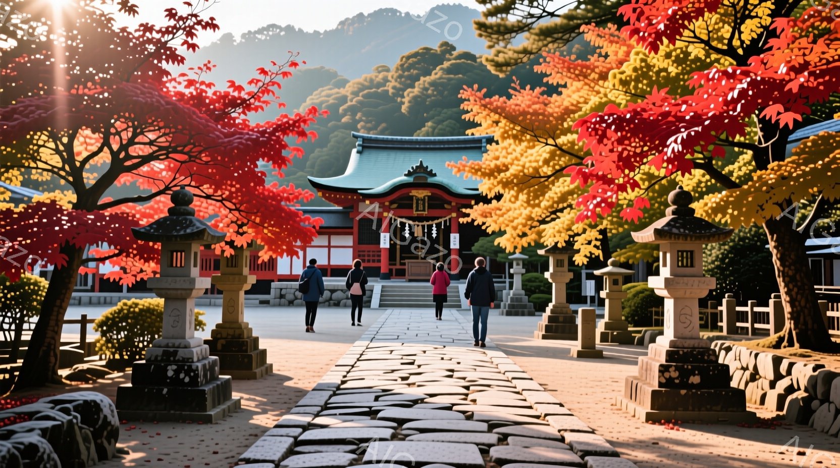 石畳の道を数人が歩いている。人々はカジュアルな服装で、後ろ姿からは表情は読み取れないが、ゆったりとした姿勢から穏やかな雰囲気が伝わる。背景には鮮やかな朱色の寺院と、紅葉に染まった自然が広がり、秋の暖かく穏やかな一日を表現している。