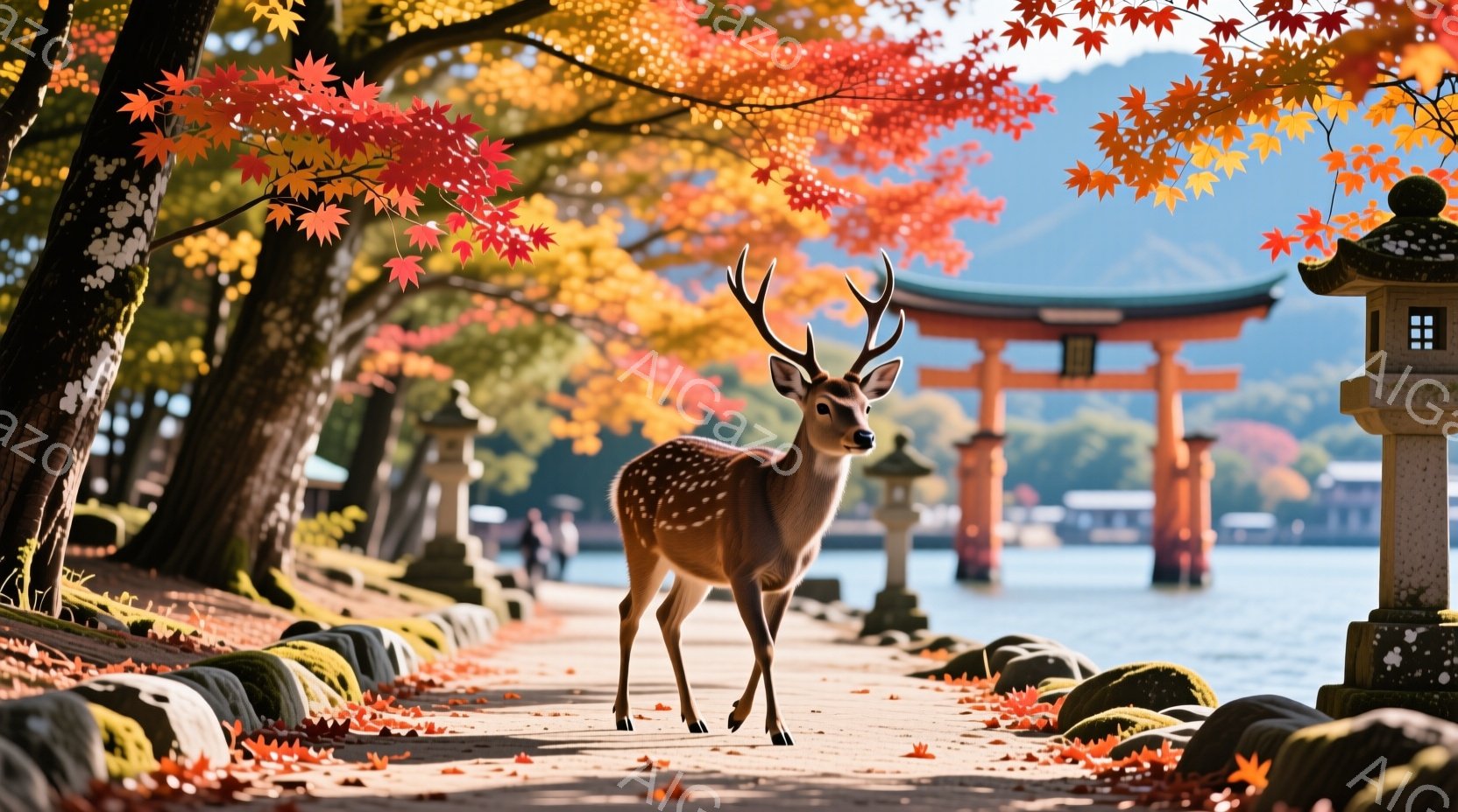 鹿が石畳の道に立っており、背景には赤い鳥居と穏やかな湖が見える。周囲は紅葉した木々で彩られ、秋の穏やかな雰囲気が漂っている。石灯籠が道の脇に立ち、歴史的な場所であることを示唆している。