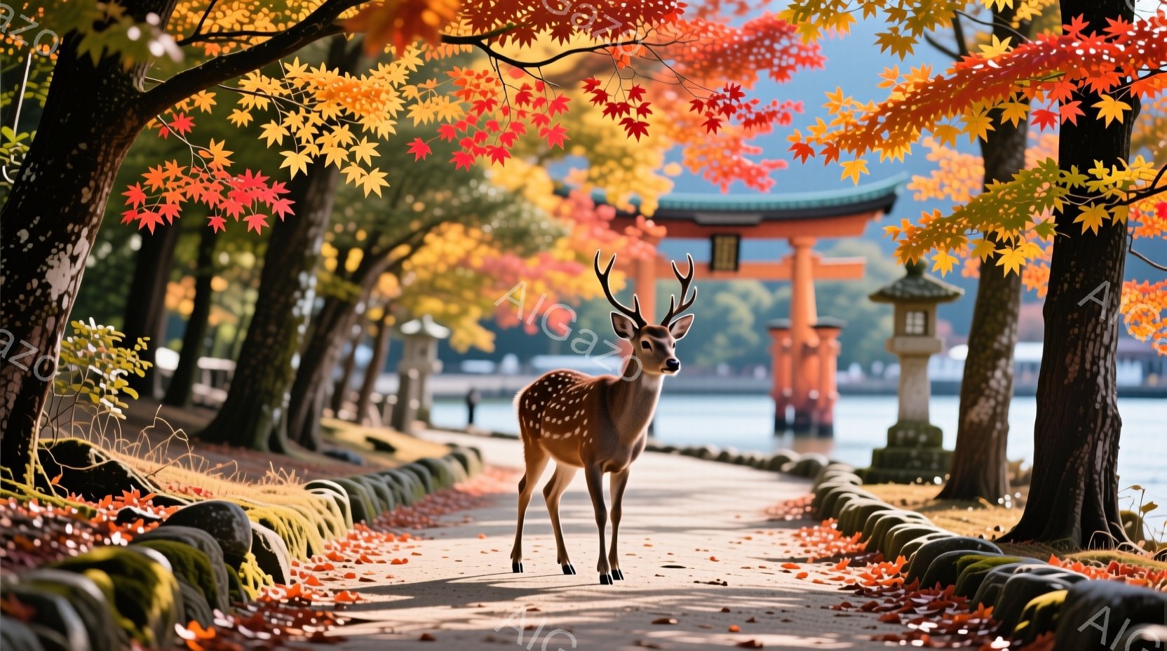紅葉で彩られた道を行く一匹の鹿が写っている。鹿は斑点模様を持ち、まっすぐ前を見据えて堂々と立っている。背景には朱色の鳥居と穏やかな水面が見え、秋の落ち着いた雰囲気が漂う。