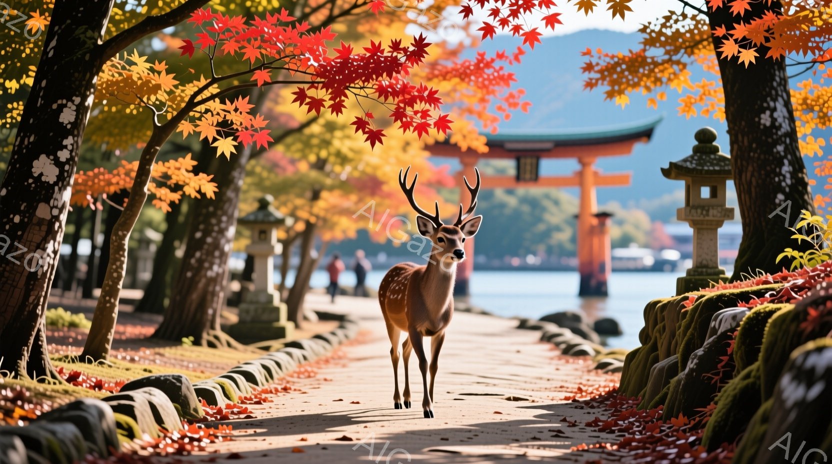鮮やかな紅葉に囲まれた道の中央に、堂々とした雄鹿が立っている。背景には、朱色の鳥居と湖が広がり、遠くには山々が見える。落ち葉が敷き詰められた道と苔むした石垣が秋の趣を際立たせ、穏やかで神秘的な雰囲気を醸し出している。