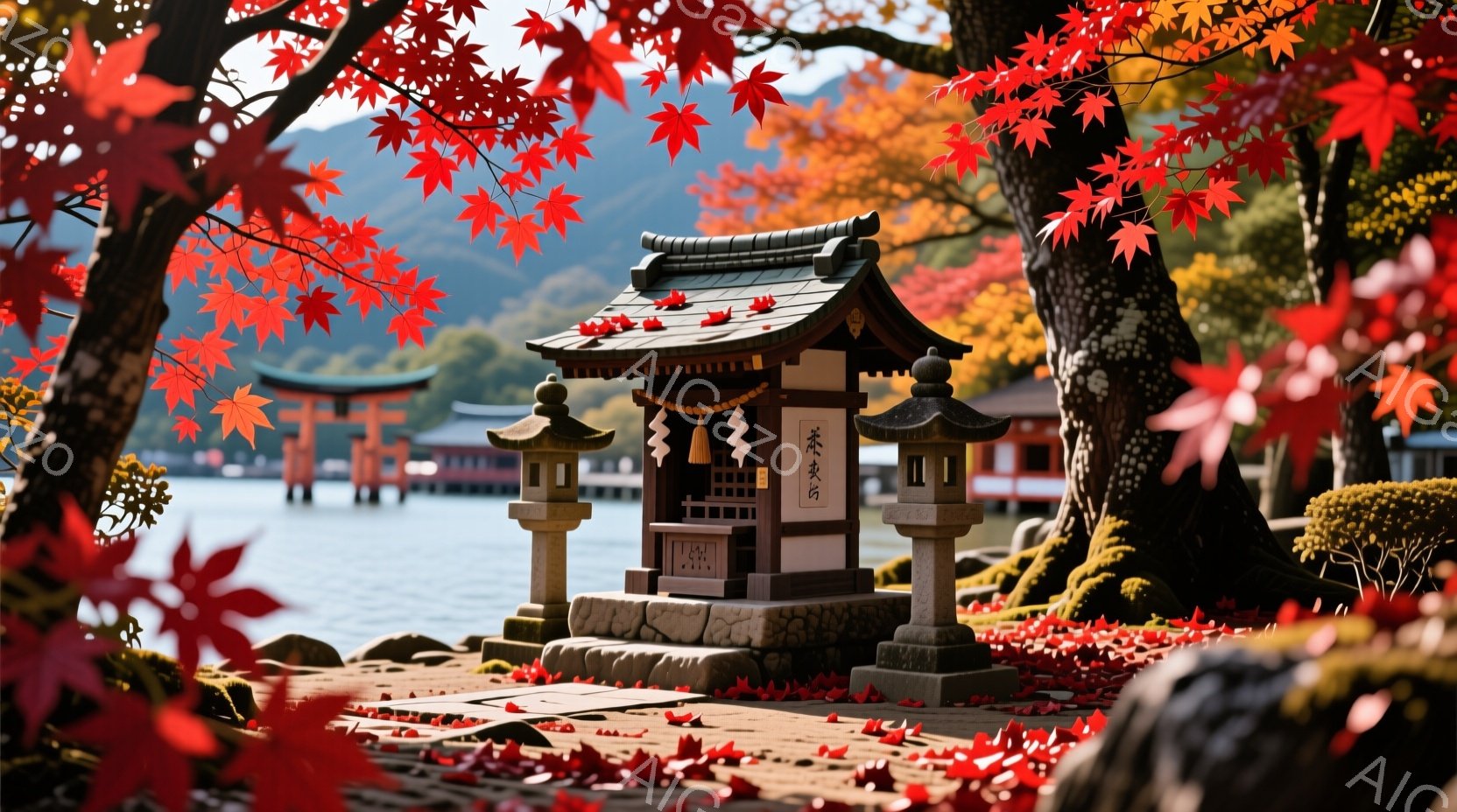 鮮やかな紅葉に囲まれた小さなお社が、穏やかな湖のほとりに佇んでいます。石灯籠と階段が配置され、周囲には散りゆく紅葉の葉が敷き詰められています。背景には湖と遠くに見える鳥居がぼんやりと見え、秋の静寂と美しさを感じさせる風景です。