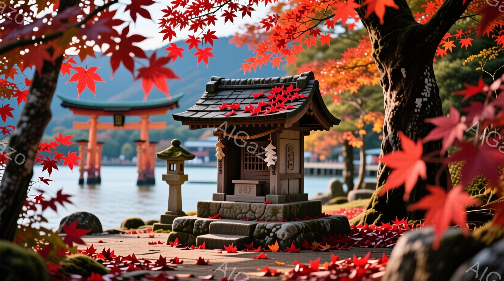 朱色の大きな鳥居が海に面してそびえ立ち、その手前に小さな祠が置かれています。地面は鮮やかな紅葉の葉で覆われ、秋の深まりを感じさせます。背景には穏やかな海と緑豊かな山々が広がり、静寂で美しい雰囲気を醸し出しています。