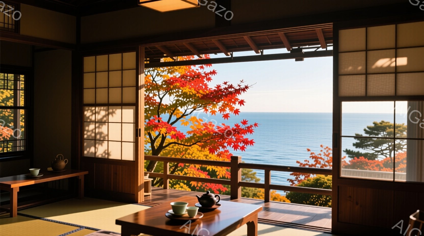 畳敷きの和室には、木製の低いテーブルが置かれ、茶器と湯呑みが整えられています。障子戸を開けると、鮮やかな紅葉と青い海が広がり、秋の穏やかな景色が目に飛び込んできます。日差しが差し込み、室内には暖かく落 - AI生成フリー素材
