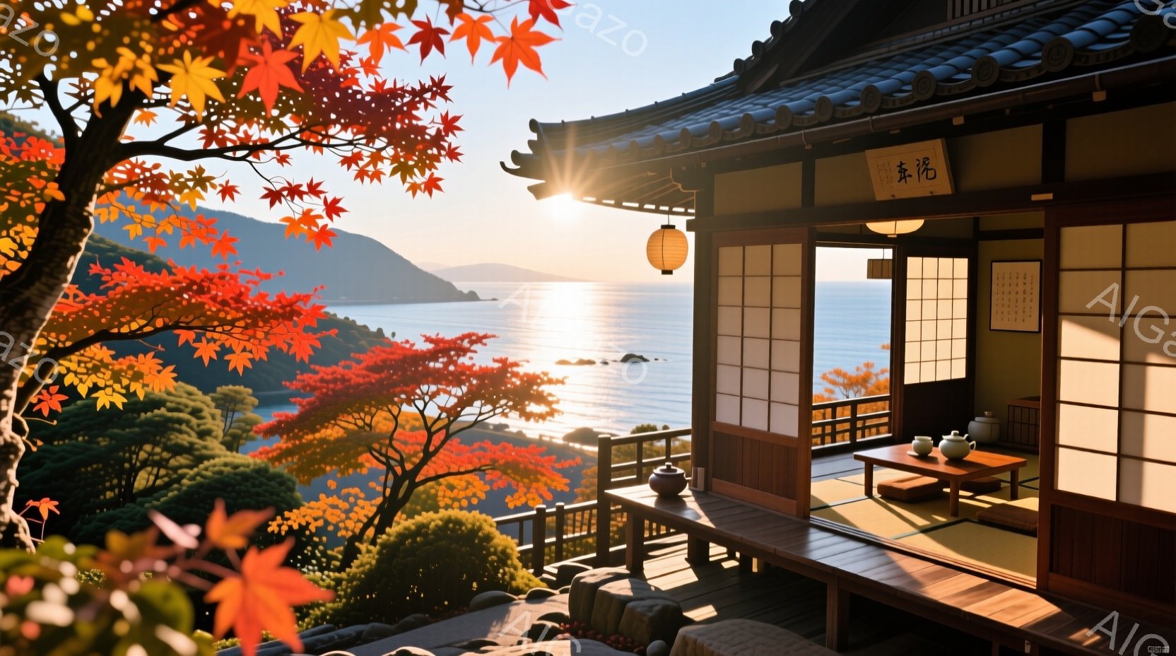 燃えるような紅葉と紺碧の海を望む、趣のある日本家屋が描かれています。縁側には低いテーブルと座布団が置かれ、畳敷きの室内は明るく、落ち着いた雰囲気を醸し出しています。夕暮れ時の太陽光が室内を照らし、暖かく穏やかな情景が広がっています。
