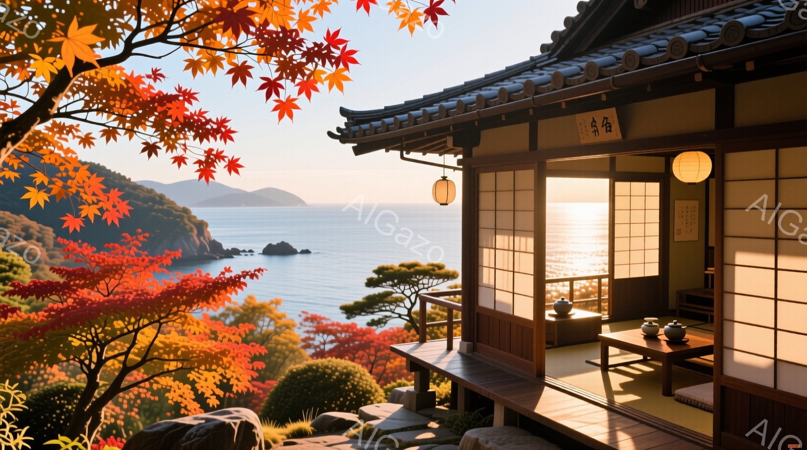 紅葉に染まる山々と紺碧の海を望む、趣のある日本家屋が描かれている。縁側には簡素なテーブルと座布団が置かれ、室内には茶道具が整えられ、静寂と落ち着きが感じられる。夕焼けの光が室内を照らし、暖かく穏やかな雰囲気を醸し出している。