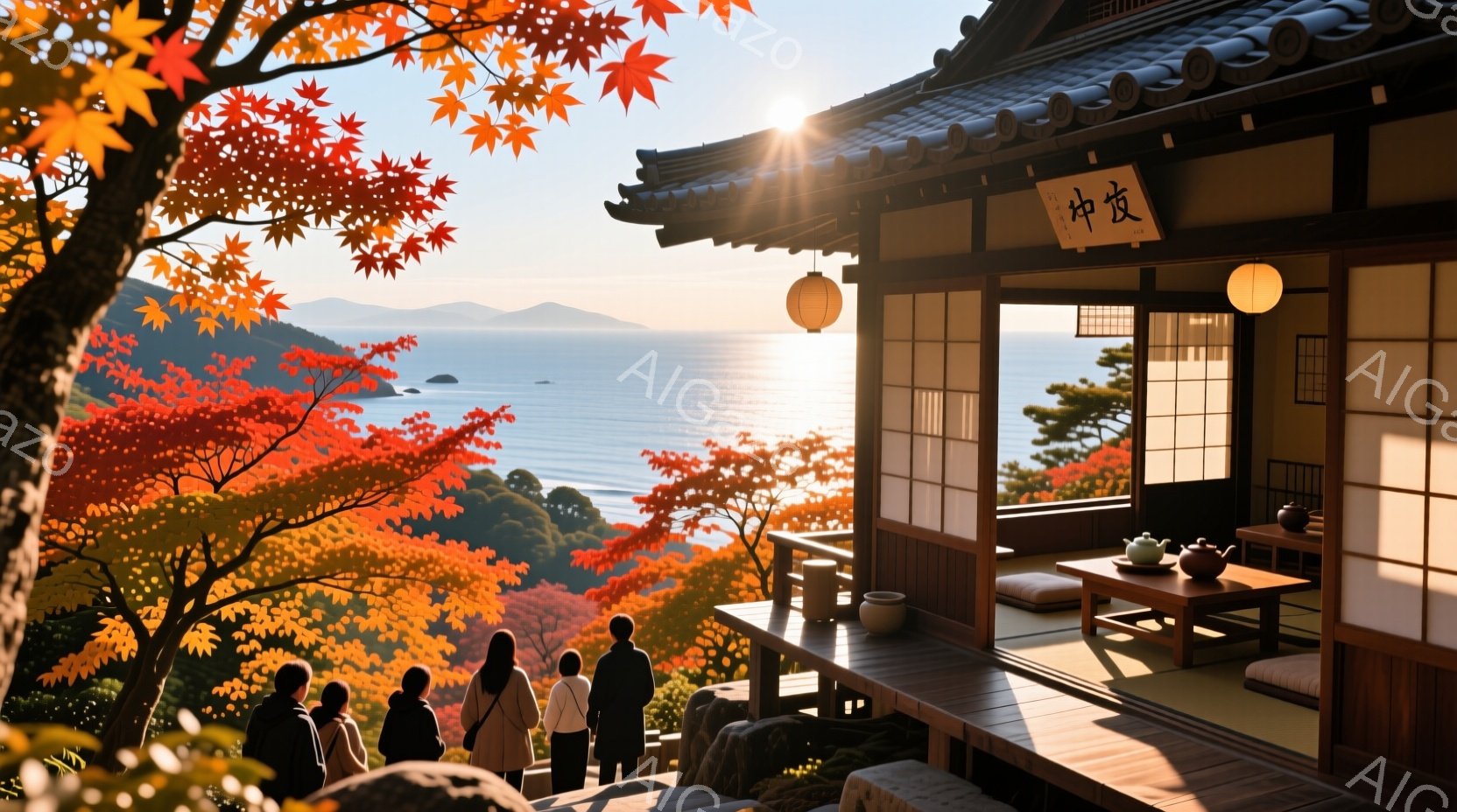 紅葉に染まる山間の風景の中に、伝統的な日本の家屋が見える。人々は階段から海を見下ろし、後ろ姿からは穏やかな雰囲気が伝わってくる。室内には畳と低いテーブルがあり、夕暮れ時の暖かな光が差し込んでいる。