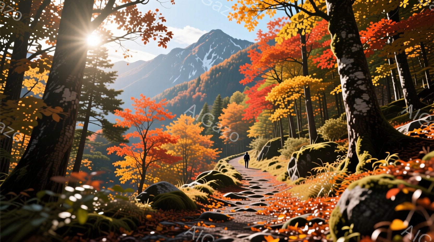 鮮やかな紅葉に彩られた山道を行く一人の人物が描かれている。黒いジャケットとズボンを身につけ、後ろ姿からは落ち着いた雰囲気が感じられる。背景には雪を抱いた山々がそびえ立ち、太陽の光が木々の間から差し込み、秋の暖かく穏やかな雰囲気を醸し出している。