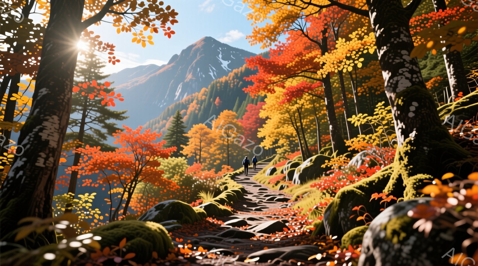 色鮮やかな紅葉に囲まれた山道を、二人のハイカーが歩いている。彼らは共に黒いジャケットと濃い髪を持ち、前を向いて歩いているが、表情ははっきりと見えない。背景には緑豊かな山々が連なり、晴天の下、秋の自然を満喫している様子が伝わる。