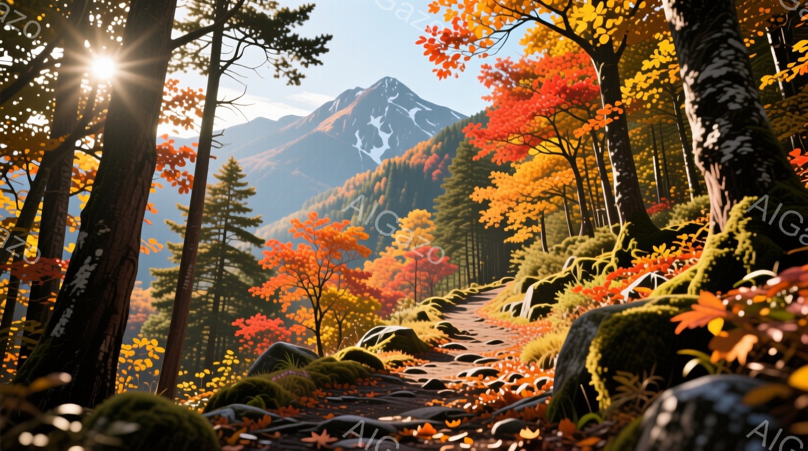 鮮やかな紅葉に彩られた山道が、遠くの雪を抱いた山々へと続いている風景です。道には落ち葉が散り、岩や苔むした木々が配置され、秋の深まりを感じさせます。太陽の光が木々の間から差し込み、暖かく幻想的な雰囲気を醸し出しています。