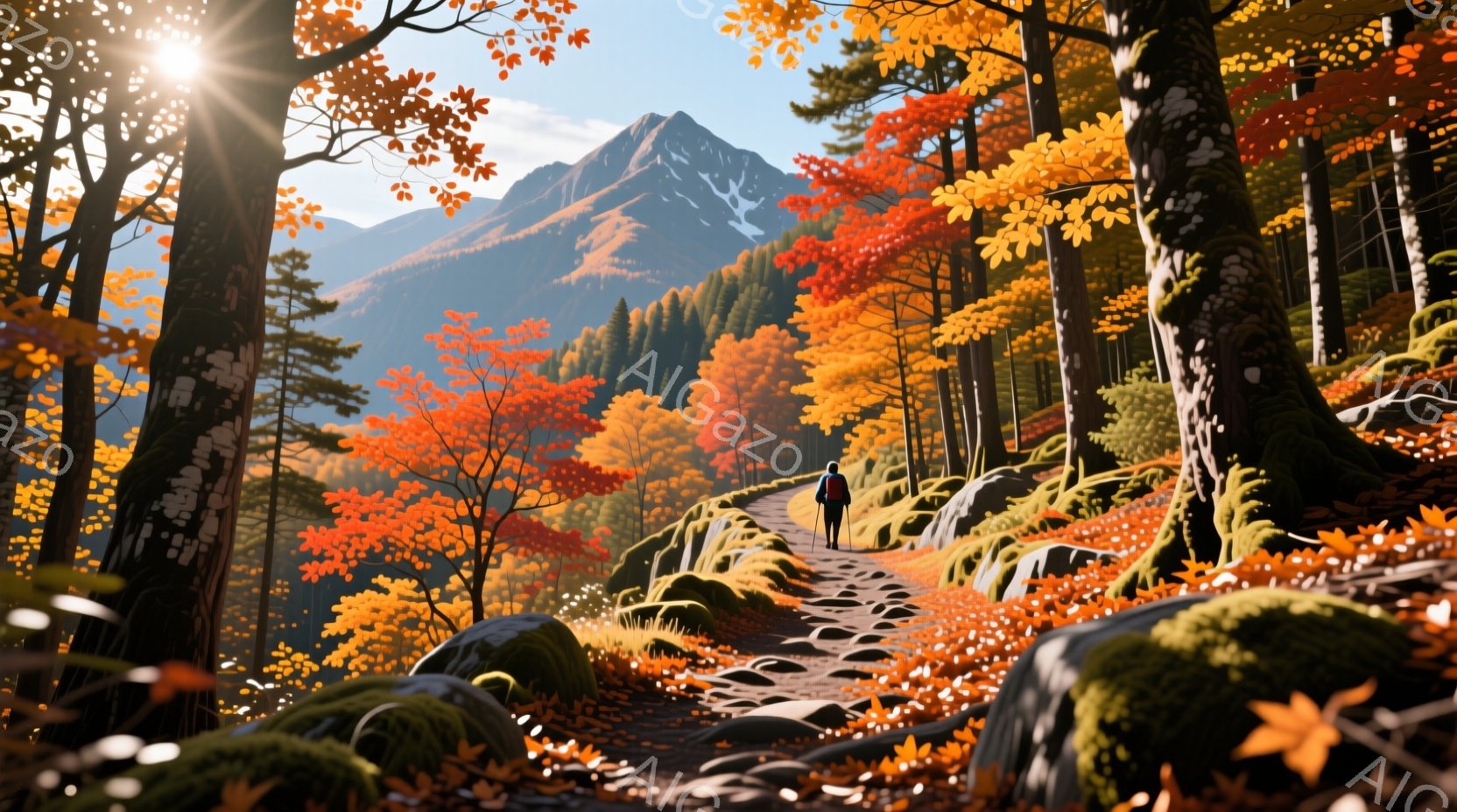 赤やオレンジ色の紅葉に染まった山道を、一人のハイカーが歩いている。ハイカーは黒いジャケットとズボンを着用し、背中にリュックを背負って前方を向いており、表情ははっきりと見えないが、歩調はゆっくりとして穏やかな様子が伺える。背景には雪を抱いた山々がそびえ立ち、晴天の下、鮮やかな紅葉と緑の苔が織りなす美しい自然が広がっている。