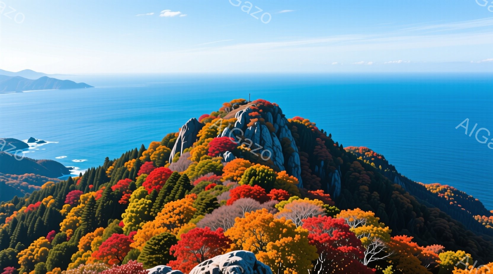 鮮やかな紅葉に彩られた山頂が、紺碧の海と空に際立つ風景です。岩肌が露出した山頂には、小さな建造物が建っており、秋の自然と人工物のコントラストが印象的です。背景には穏やかな海と遠くに見える山々が広がり、静かで美しい雰囲気を醸し出しています。