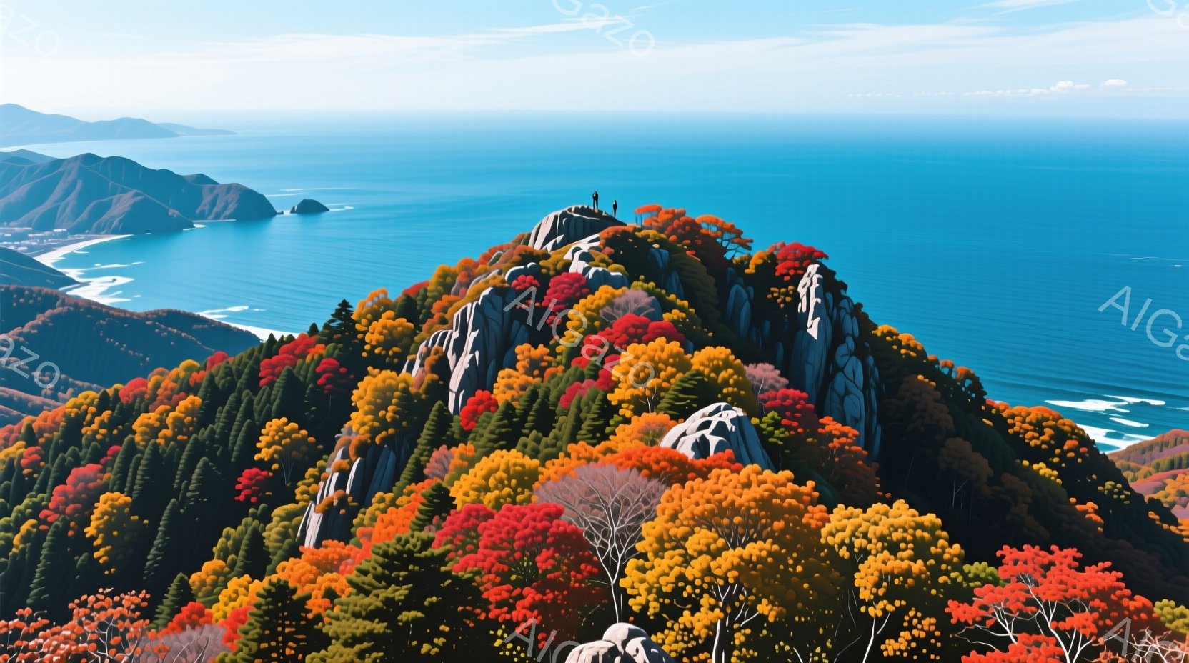 鮮やかな紅葉に覆われた山頂に二人が立っている。二人は黒い服を着ており、遠くの青い海を見下ろしている。背景には、海岸線に沿って続く建物と、穏やかな青空が広がり、秋の静かで美しい雰囲気を醸し出している。