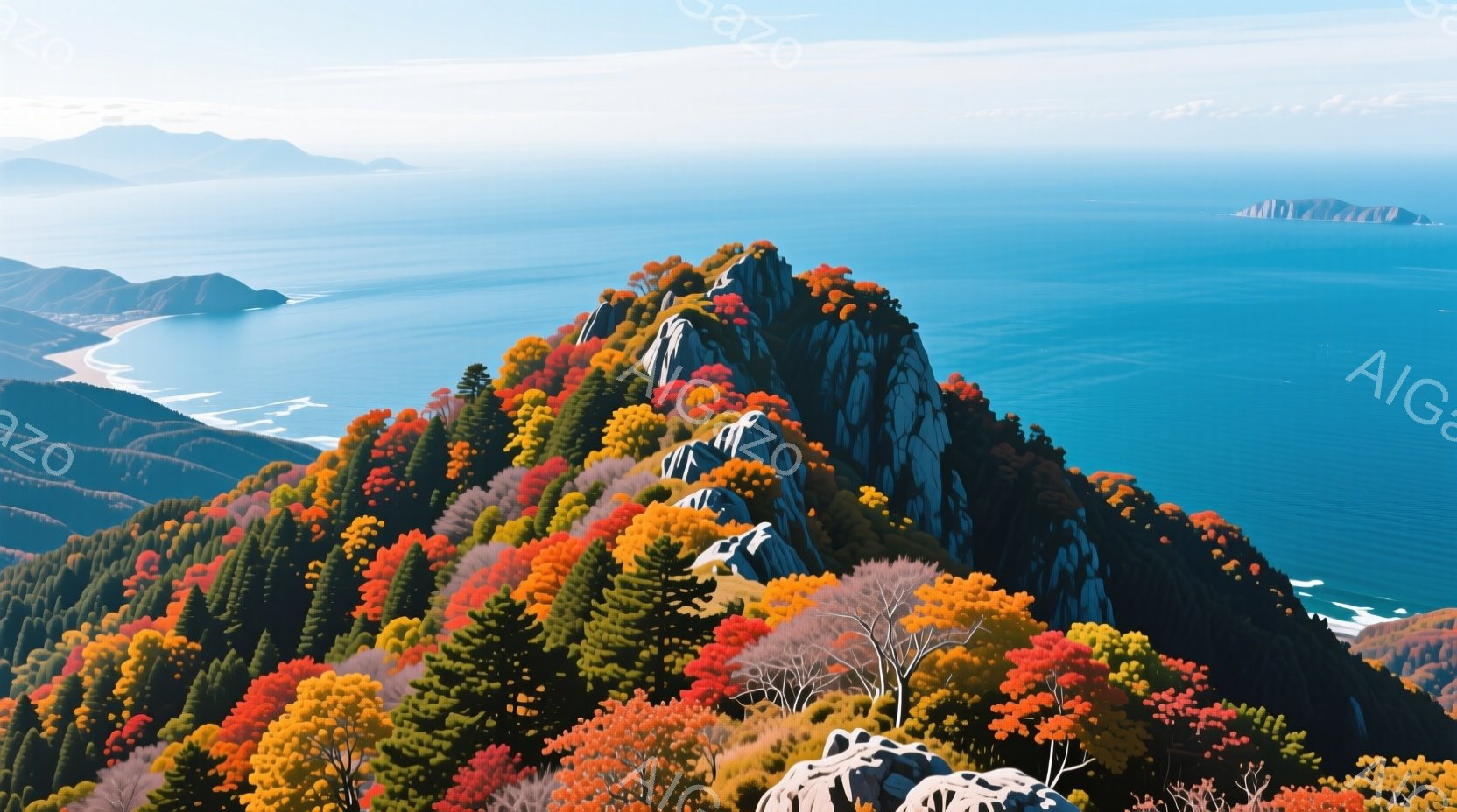 山頂付近の岩場に紅葉が鮮やかに広がっており、緑、赤、オレンジ、黄色の葉が混ざり合って美しいコントラストを生み出している。背景には青い海と遠くに見える島々が広がり、晴天の下、穏やかな秋の景色が広がっている。岩肌と紅葉、そして青い海の組み合わせが、静寂で幻想的な雰囲気を醸し出している。
