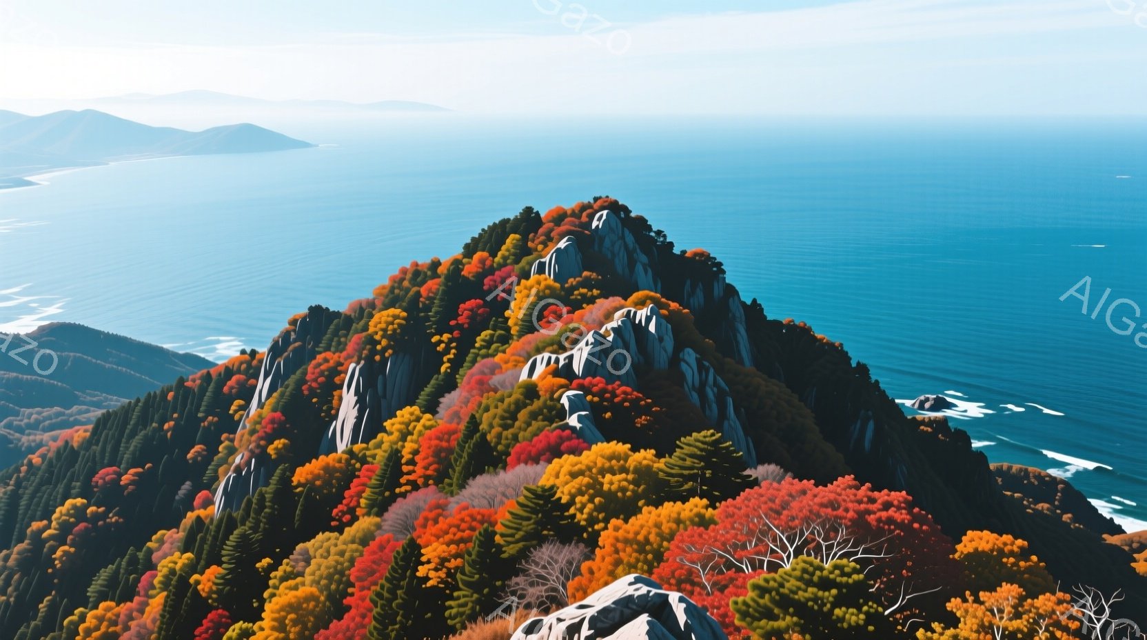 山頂が紅葉に染まり、鮮やかな赤、オレンジ、黄色の木々が織りなす美しい風景が広がっています。背景には、青い海と遠くに見える山々が広がり、晴天の下、自然の壮大さを感じさせます。岩肌が露出した山頂と、そのコントラストが秋の深まりを表現しています。