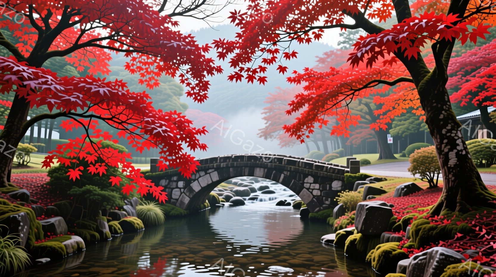 赤い紅葉の葉が美しい庭園に石橋がかかっています。橋の下を澄んだ水が流れ、周囲には緑色の苔むした岩や散った紅葉の葉が広がっています。背景には霧がかかった山々と伝統的な建物が見え、静かで穏やかな秋の雰囲気 - AI生成フリー素材