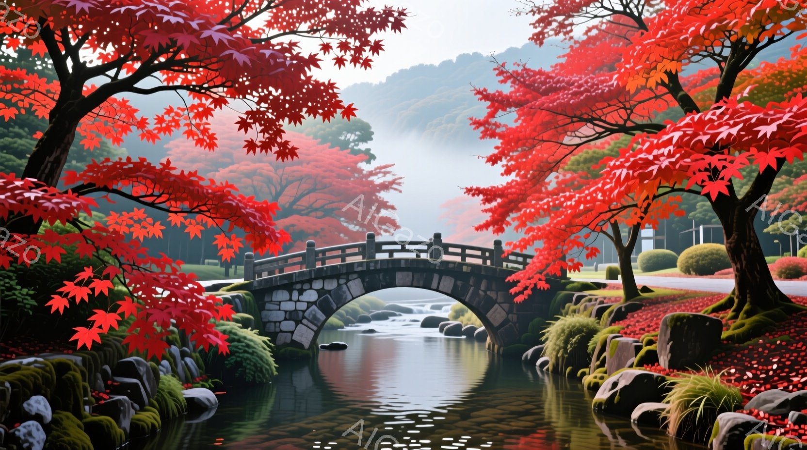 赤い紅葉に囲まれた石橋が、穏やかな小川の上にかかっています。背景には霧のかかった山々が連なり、鮮やかな紅葉と苔むした岩が秋の静寂な雰囲気を醸し出しています。全体的に、自然の美しさと静けさを感じさせる、日本の秋の風景です。