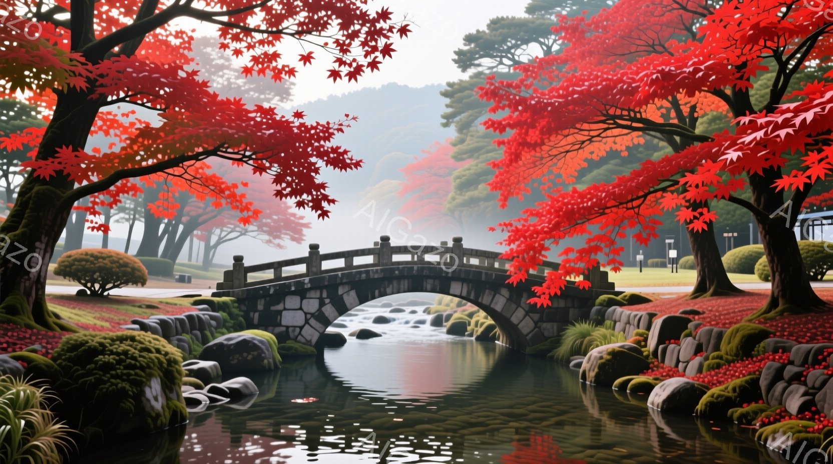 赤い紅葉に染まる庭園の中に、石造りのアーチ橋が穏やかな流れの水を渡っている。橋の周りは、赤い絨毯のような落ち葉と、配置された岩、手入れされた低木で彩られ、静寂と落ち着きのある雰囲気を醸し出している。背景にはぼんやりとした建物と木々が見え、秋の深まりを感じさせる穏やかな天気である。