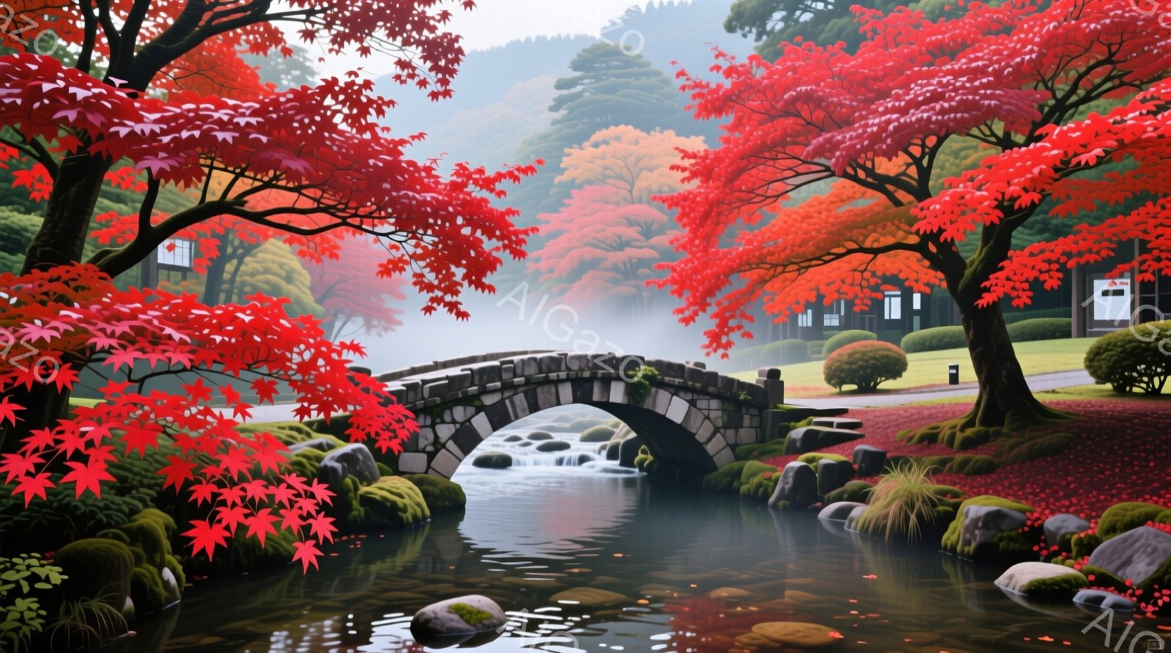 赤い紅葉が美しい庭園の中に石橋が架かっています。橋の下を澄んだ水が流れ、周りには苔むした岩や緑豊かな植物が生い茂っています。背景には日本の伝統的な建物が見え、霧がかかって幻想的な雰囲気を醸し出していま - AI生成フリー素材