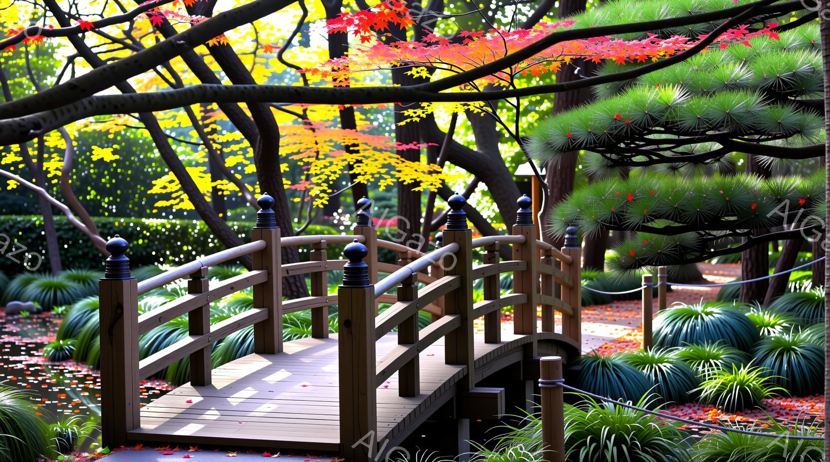 穏やかな光が差し込む庭園に、丸みを帯びた木製の橋が架かっている。橋の周りには緑豊かな植物が生い茂り、地面には紅葉の葉が散らばっている。鮮やかな秋の色が、自然の静けさと美しさを強調している。