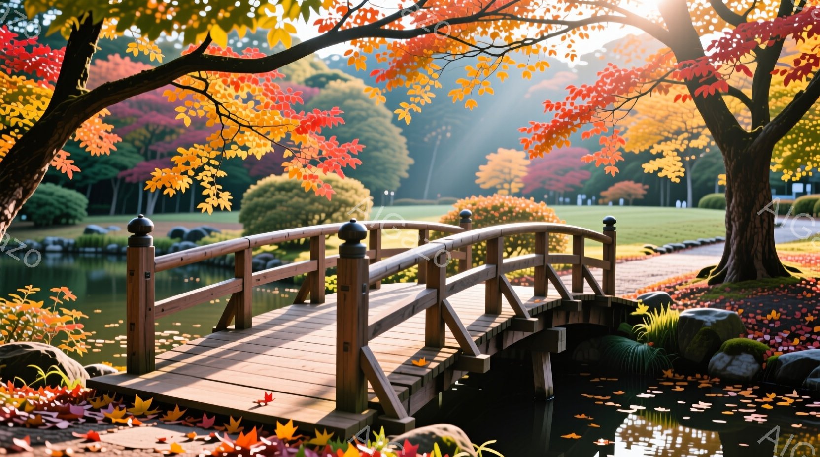 美しい庭園に木製の橋が架かっています。背景には鮮やかな紅葉の木々と緑の芝生、そして遠くに見える建物が広がっています。水面には落ち葉が浮かび、光が差し込み、穏やかで秋らしい雰囲気を醸し出しています。