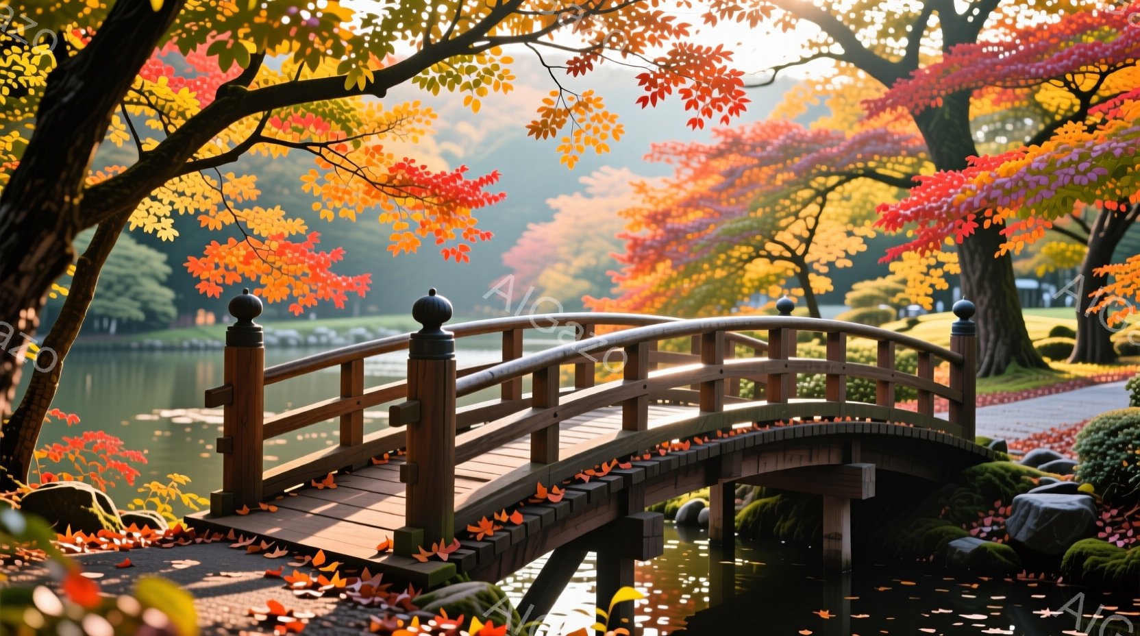 鮮やかな紅葉に囲まれた、木製の橋が美しい風景です。橋の上や周囲の地面には、落ち葉が散らばり、秋の深まりを感じさせます。穏やかな水面と、背景の緑豊かな木々が、静かで穏やかな雰囲気を醸し出しています。