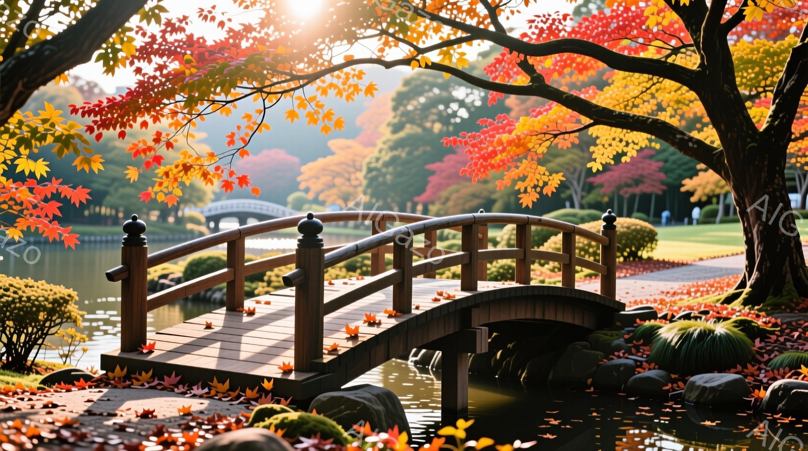 赤や黄色の紅葉に彩られた風景の中、湾曲した木製の橋が穏やかな水面にかかっている。橋の周りや地面には、散った紅葉が敷き詰められ、秋の深まりを感じさせる。背景には緑豊かな木々と、遠くに見える他の橋がぼんやりと見える静かで美しい情景である。