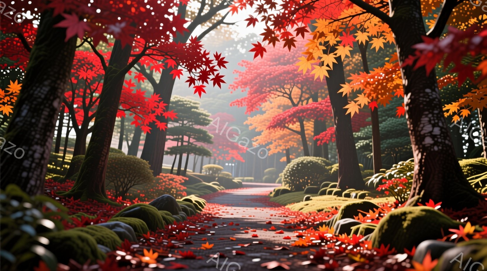 赤や黄色の紅葉が美しい庭園の小道が描かれている。石灯籠や手入れの行き届いた庭石が並び、背景には緑の木々が茂っている。温かい光が差し込み、穏やかで幻想的な雰囲気を醸し出している。 - AI生成フリー素材