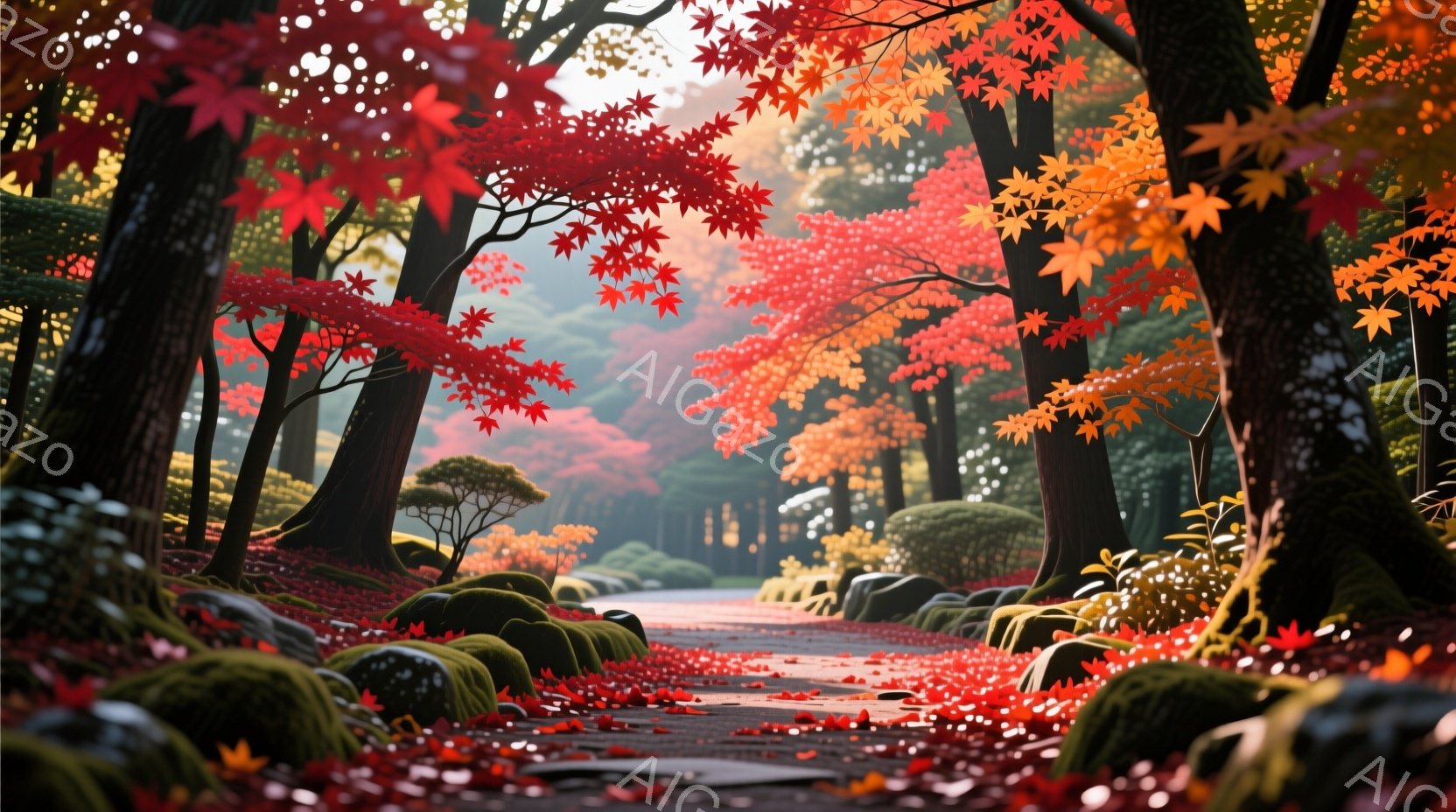 赤や黄色の紅葉が美しい庭園の道が写っている。地面には落ち葉が敷き詰められ、緑の苔むした石と手入れされた低木の縁取りが、秋の穏やかな雰囲気を強調している。遠くには、紅葉に染まった木々が並び、暖かく、静謐な光景を作り出している。