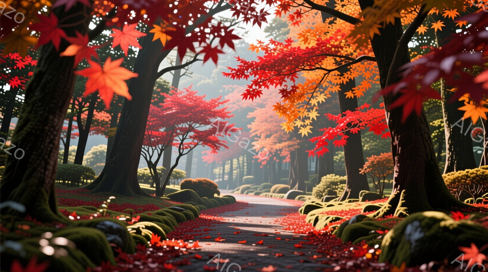 紅葉に染まった並木道が続く風景で、地面には散った紅葉が敷き詰められている。左右には手入れの行き届いた低い生垣と、幹の太い木々が並び、奥へと続く道は明るい光に照らされている。全体的に暖かく、穏やかな秋の雰囲気が漂う静謐な情景である。