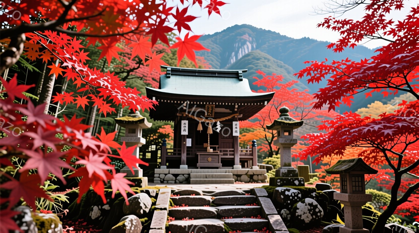 鮮やかな紅葉に囲まれた小さなお堂が、石段の上に静かに佇んでいます。緑色の屋根と白い壁のコントラストが美しく、左右には石灯籠が配置され、厳かな雰囲気を醸し出しています。背景には緑豊かな山々が広がり、秋の澄んだ空が、この場所の静寂と美しさを際立たせています。