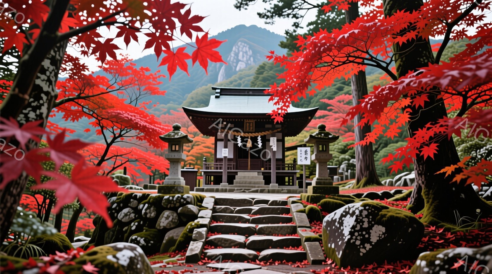 古い寺院が、赤やオレンジ色の紅葉に囲まれた石段の上に佇んでいます。寺院は簡素な木造建築で、屋根には瓦が並び、両脇には石灯籠が設置されています。背景には緑豊かな山々がそびえ立ち、鮮やかな紅葉と相まって、静寂で厳かな秋の雰囲気を醸し出しています。