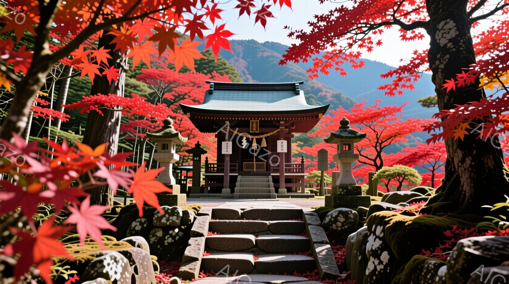 紅葉に染まる寺院が、石段を上って現れる。鮮やかな赤色の葉が寺院と周囲の木々を覆い、秋の深まりを感じさせる。背景には緑豊かな山々が広がり、静寂で穏やかな雰囲気が漂っている。