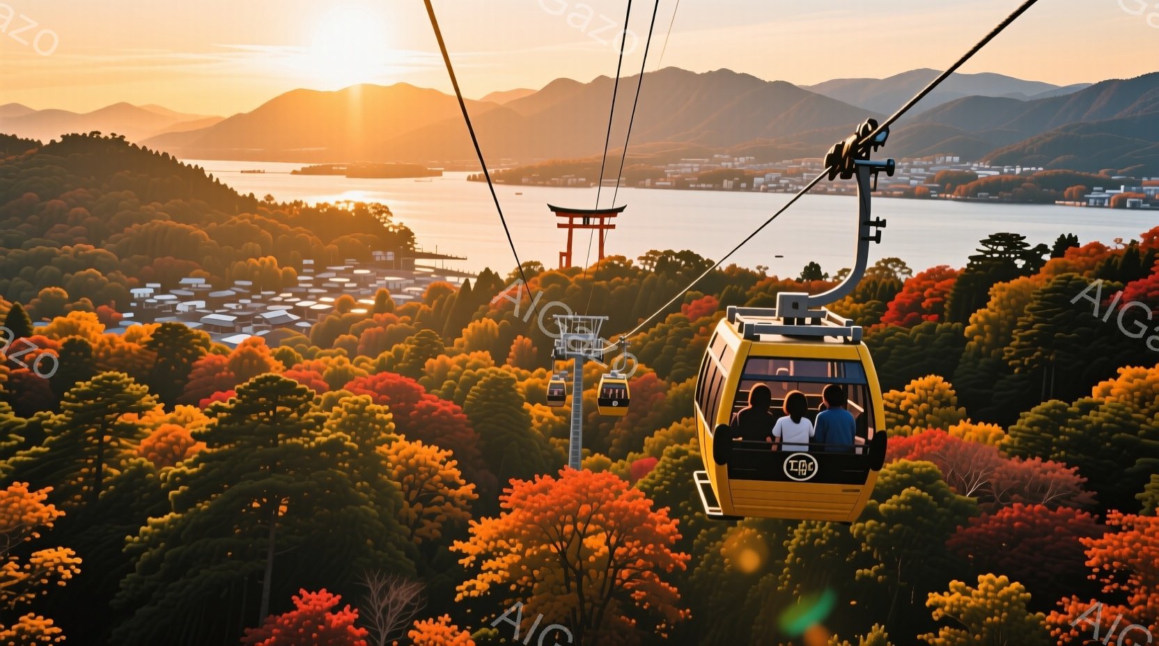 鮮やかな秋色の木々に囲まれたロープウェイが写っている。内部には数人の乗客が座っており、後ろの乗客は黒い髪で、他の乗客は黒い服を着ている。背景には、海と山々が広がり、夕焼けが暖かく、穏やかな雰囲気を醸し出している。